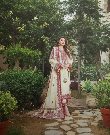 "Aneela's ANG-10 Embroidered Dhanak 3-Piece Suit